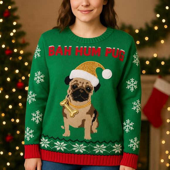 Holiday Traditions Bah Hum Pug Christmas Sweater Sequin Pug Dog Snowflake L - Picture 1 of 10